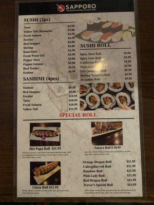 Back side of happy hour menu (food)