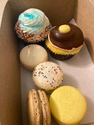 Funfetti cupcake, Boston cream pie and macarons