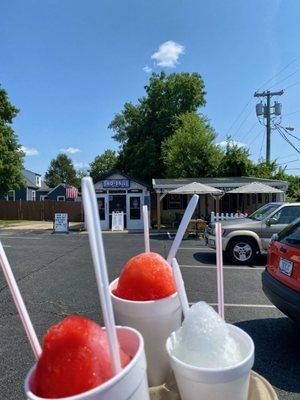 Medium Pina Colada/Cotton Candy, Bubblegum/Cotton Candy, and small Wedding Cake snowballs