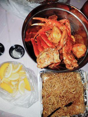 1 pound Shrimp, 1 pound Crab Legs and an order of Garlic Noodles, Yum!