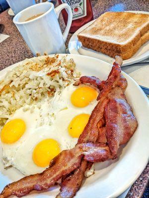 2 eggs, bacon, hash browns and toast