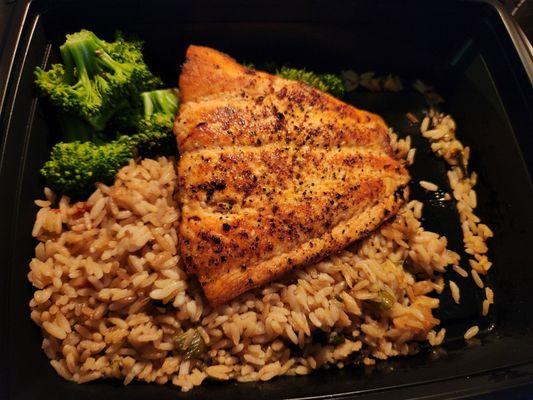 Atlantic Salmon oven roasted with steam broccoli and rice pilaf