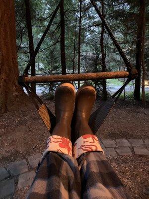 Hammock chairs under the treehouse. I now have these same chairs at home