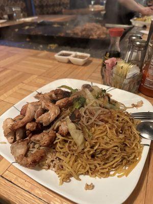 Sesame Chicken with split fried rice & yakisoba