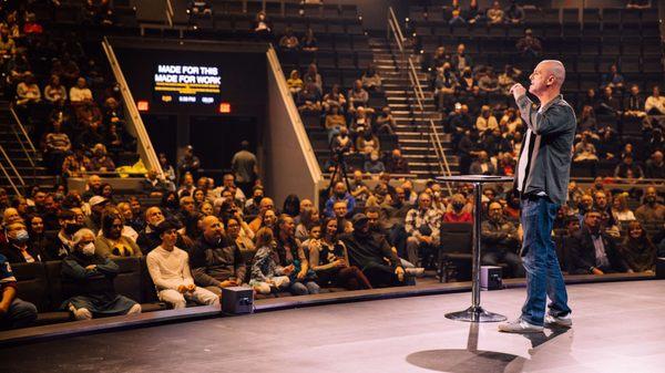 Pastor Bryan giving the message grand opening weekend of new worship center.