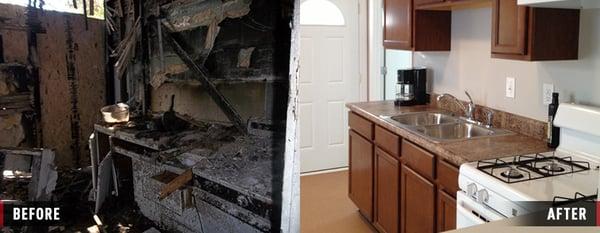 A before and after kitchen remodel from a house fire