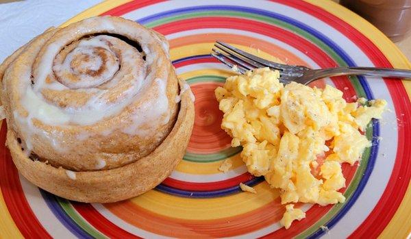 Great Harvest Cinnamon Roll and my scr. eggs.