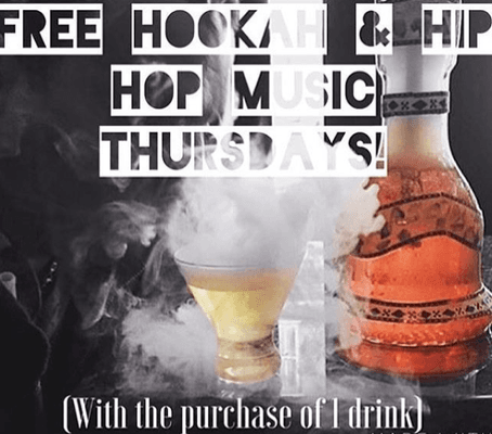 Free Hookah Thursdays with the purchase of one drink.
 http://www.byblosrestaurantandhookahbar.com/thursday-night-hookah-coupon/