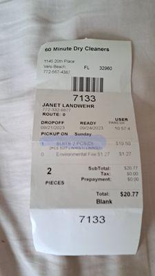 Receipt from 60 Minute DRY Cleaners Stating Pick Up Sunday when they ARE NOT open.