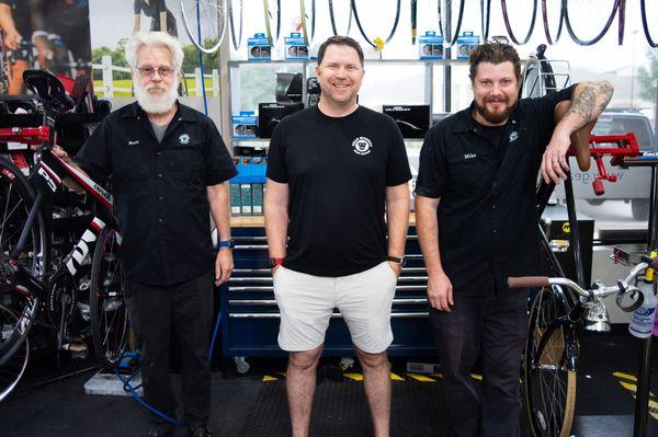 The Gear Monkey Bike Repair team: Scott, Senior Mechanic; Garner, Co-Owner; and Mike, Senior Mechanic