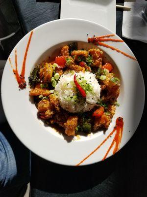 Spicy chili shrimp with rice, delicious