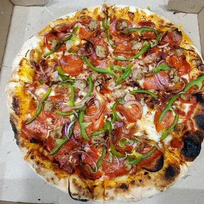 'Zza with Pepperoni, Sausage, Bacon, Onion, Green Pepper