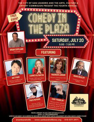 Comedy in the Plaza is an annual event hosted by Brian Copeland, bringing together amazing stand-up comics, food trucks, and neighbors!