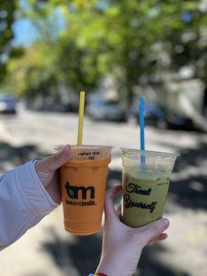 Lychee Thai Milk Tea and Mango Matcha Tea Latte