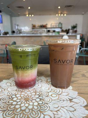 Berry Matcha with Lavender and Oatmilk & Dark Chocolate Mocha with Oatmilk