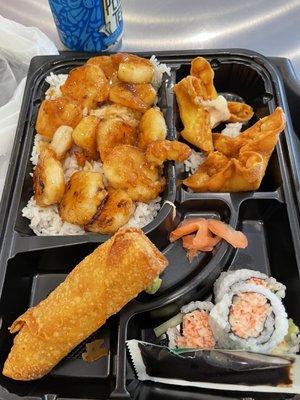 Shrimp teriyaki bento: shrimp teriyaki on white rice, California roll, and two sides (crab rangoon and chicken egg roll)