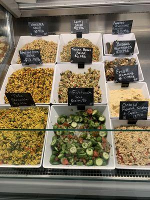 Deli Vegan Section: Salads (Chickpea, Lentil, Corn, Tuscan Bean, Fattoush), Roasted Zucchini,  Balsamic Veggies, Hummus, Tofu Scramble, Orzo