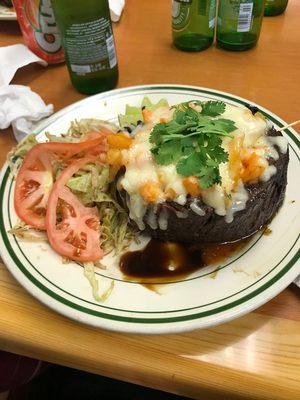 extreme churrasco stuff with mash sweet plantain and shrimp