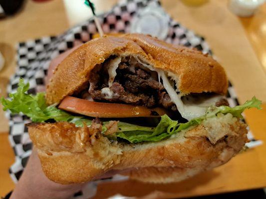 Steak sandwich uses ribeye steak (rib eye or rib-eye). $2 cheese add-on. I got provolone, but you could pick a cheddar cheese skirt.