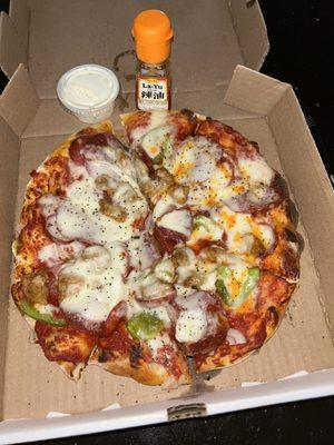 Toadal Protein Pizza + onions and green peppers + La-Yu hot sauce