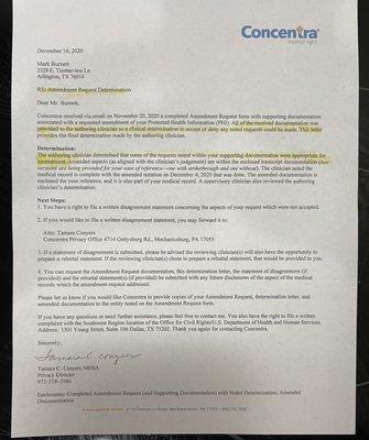 Concentra Amendment after they supplied a false report to carrier from initial exam where Travelers scheduled me to go after injury.