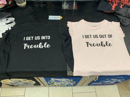 T-shirts with customized wording.