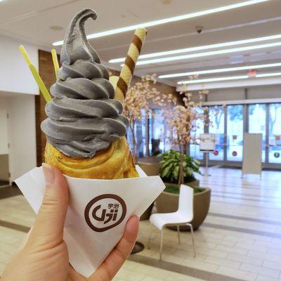 Photo from fall of last year. Taiyaki cone with azuki red bean filling, black sesame ice cream, topped with Pocky and a chocolate stick.