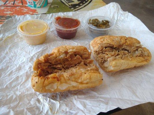 Chicken cheesesteak sandwich "Texican" that comes with queso and jalapenos.