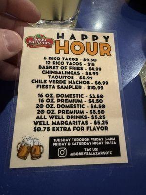 Current Happy Hour Menu as of 9/2024