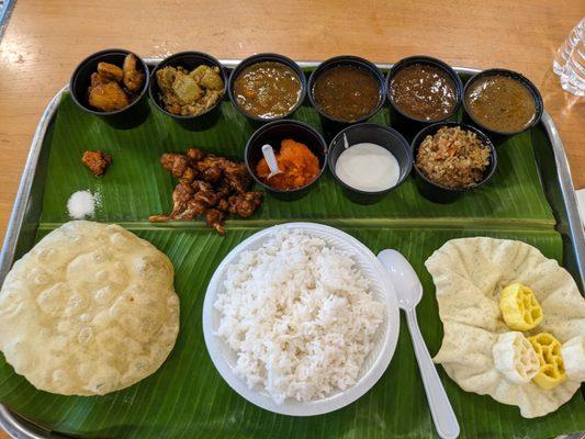 Veg thali (Three course meal with appetizer, rice, side accompaniments and dessert)