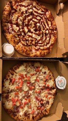 Bbq chicken and chicken bacon ranch pizzas