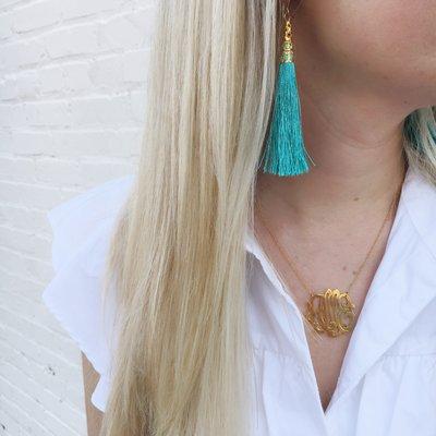 The Cheshire, our best selling metal monogram necklace paired with our Phi Phi Earrings!