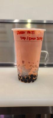 Strawberry Milk Tea with Tapioca and Lychee Jelly