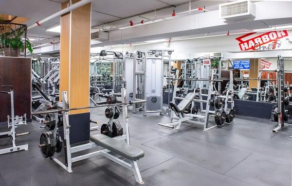 Large Park Slope gym floor with ample strength training and weight room equipment.