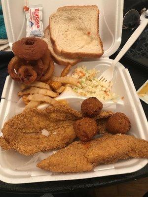 Variety Platter with small order of onion rings and hush puppies.