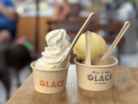 Greek Yogurt Sorbet, pineapple sorbet and coffee ice cream