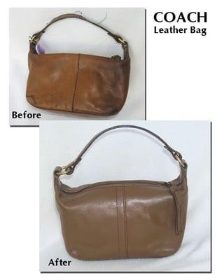 Dramatic before and after of a Coach purse. Margaret's is the nation's most experienced handbag cleaning specialist.