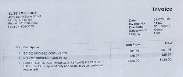 Invoice of my total, from what I was told by another mechanic spark plug and coil could be fixed in under an hour for less than $90.