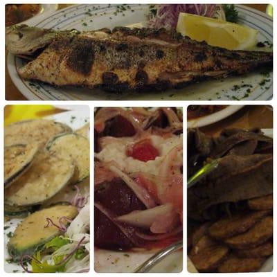 Grilled branzino, fried zucchini, beet salad, and gyro plate