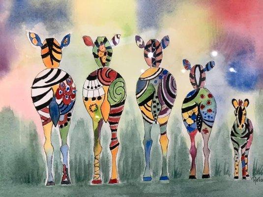 Zebra Lineup, watercolor, Reta Hanks