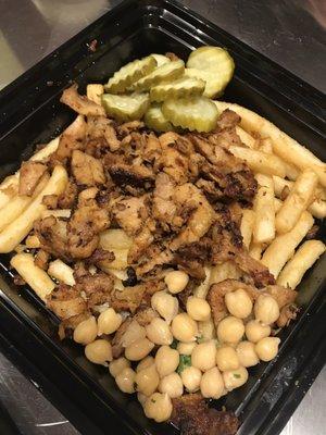 Street fries bowl. Chicken, garbanza salad, pickles