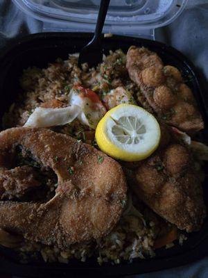 Catfish steaks with crab and shrimp fried rice