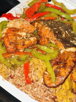 Jerk Salmon Rice  & Peas Plantains