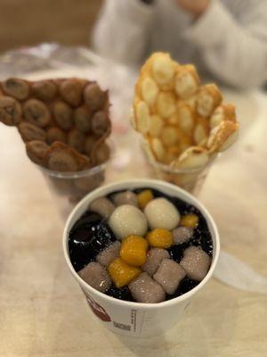 Chocolate egg waffles, original egg waffles and grass jelly Hot Grass Jelly Soup with Mini Taro Balls with sesame ball