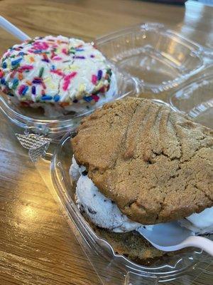 Funfetti Cookie with ice cream and a chocolate chip cookie - peanut butter cookie combo with cookies and cream ice cream.