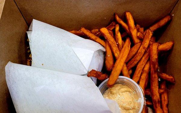 Bbq chicken wrap and ice cold sweet potato fries