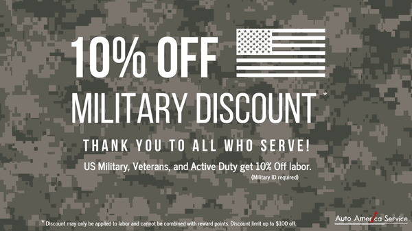 Discount valid on labor only and cannot be combined with reward points. Discount limit up to $100 off. Military ID required.