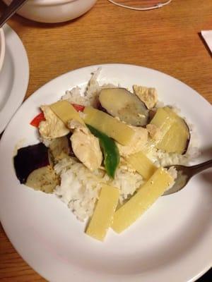 Eggplant green curry with basil leaves, bamboo shoots, green peppers. Oh my