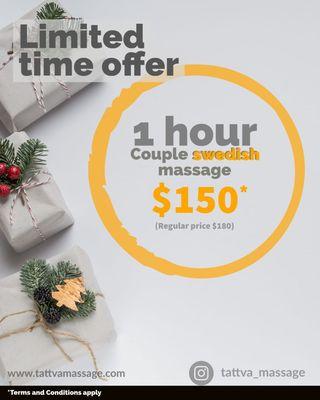 Take advantage of this reduced price for 1hr of relaxing massage therapy for couples. Only for limited time!