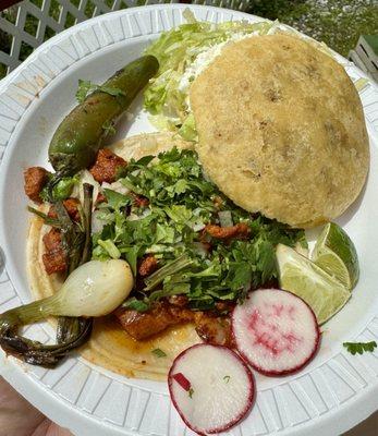 Carne enchilada taco and Chicharrin Gordita